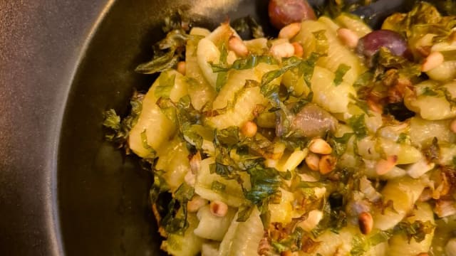 Gnocchetto sardo con pesce spada e salsa di scarola alla napoletana - Il Fiore all'Occhiello, Rome