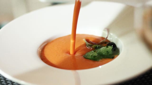 Andalusian Gazpacho with Cucumber sorbet, Anchovy, and more...  - Meson Andaluz Lisboa, Lisbon