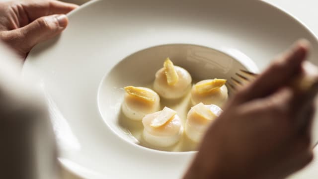 Buffalo gnocchi, white asparagus and scallops - Dama - Castello di San Gaudenzio