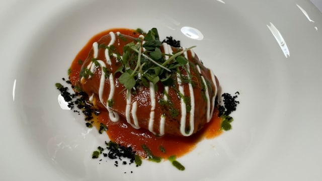 Soy aubergine, datterino tomato, cacioricotta cheese and basil  - Ostuni Palace - Il Bistrot