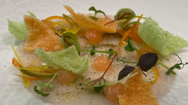 Carpaccio of purple prawns, candied lime and puffed tapioca crackers  - Ostuni Palace - Il Bistrot, Ostuni