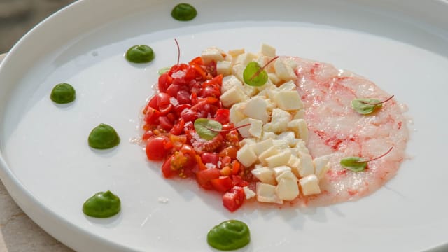 Schiacciata di gambero rosso con mozzarella di bufala campana e datterino locale. - Blu Ristorante