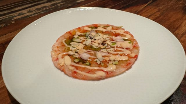 Carpaccio di Gamberi Rossi, Vinaigrette al Rabarbaro, Yuzu Kosho - Bottega Lucia, Milan