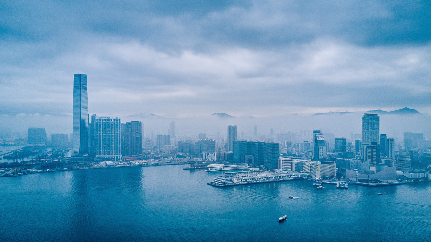 The Kowloon Peninsula seen from across the Bay in a misty morning