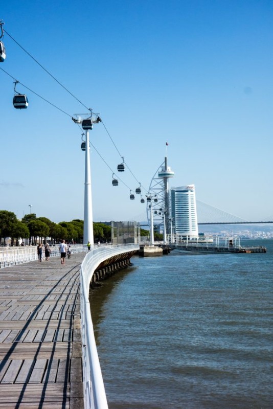 The boardwalk and cable car leading to the sail-shaped Vasco da Gama Tower