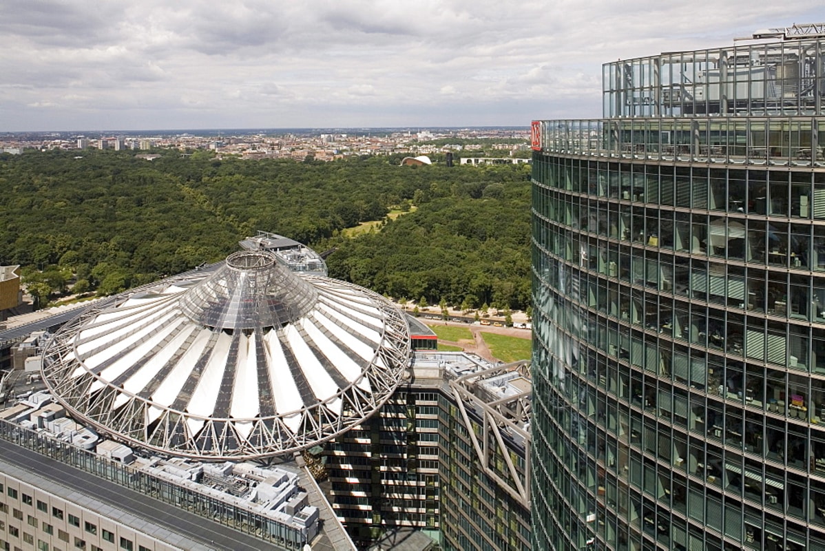 The iconic roof of the Sony Center next to the DB Tower