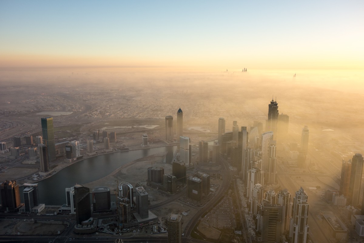 Dubai fog at sunset