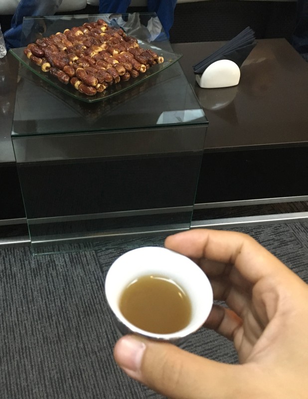 Waiting lounge to go up the tower: tea and dates