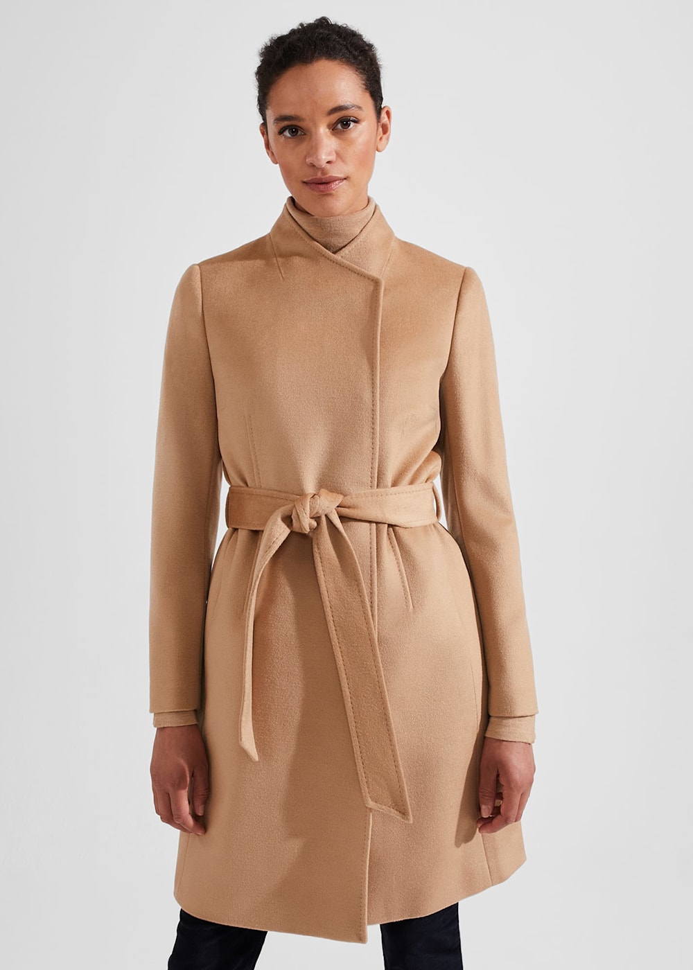 Beige wool wrap coat sales