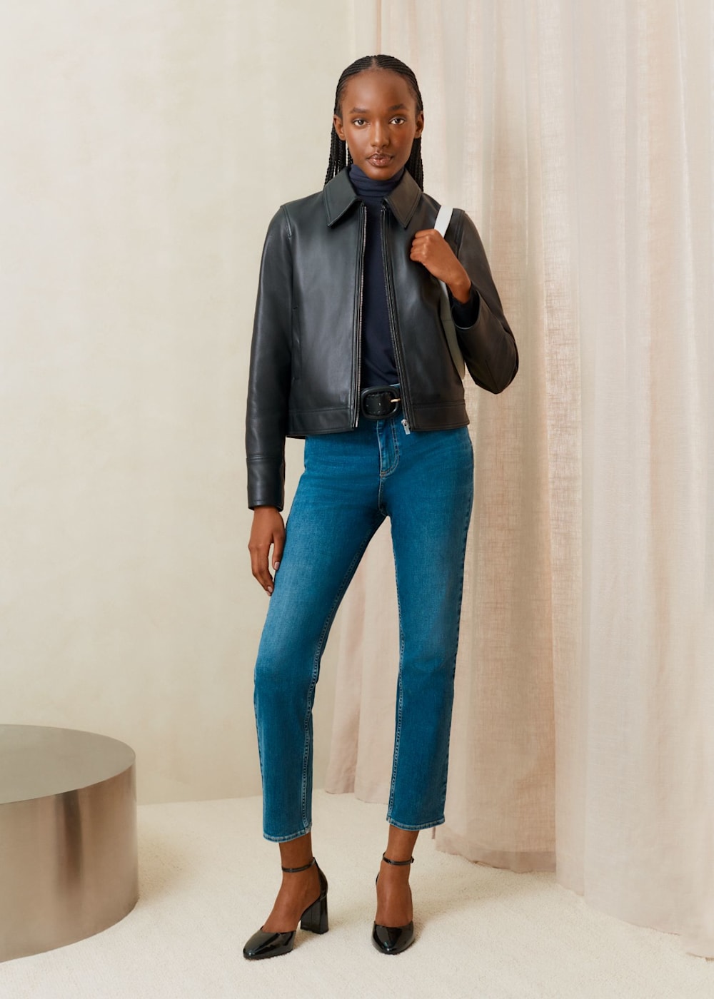 Navy leather jacket outfit hotsell