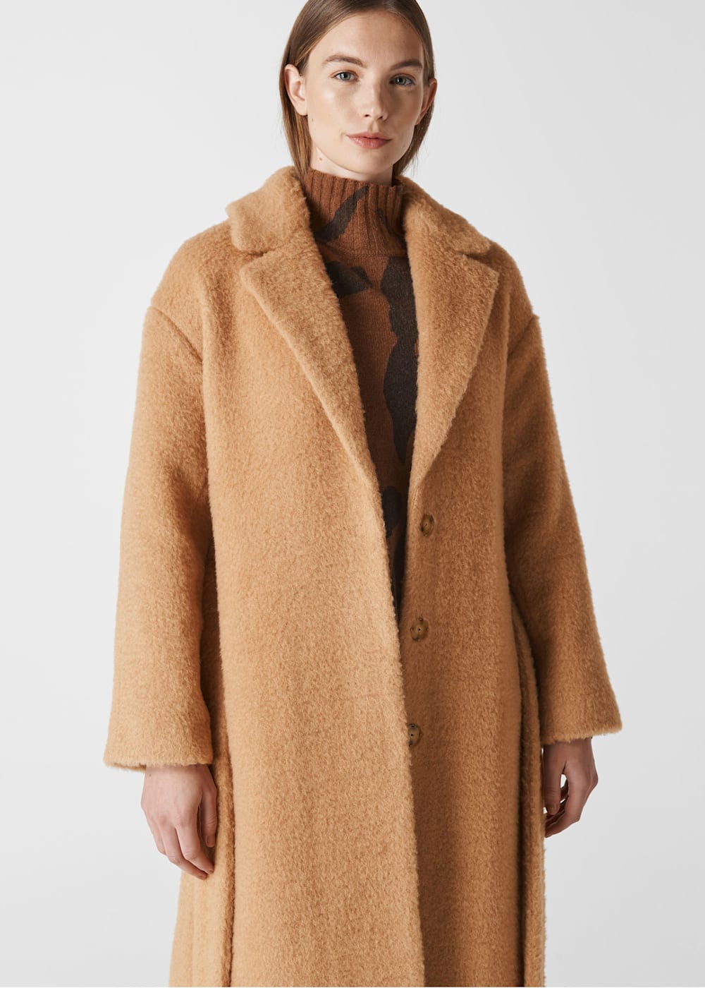 Camel Wool Textured Belted Coat WHISTLES Whistles UK