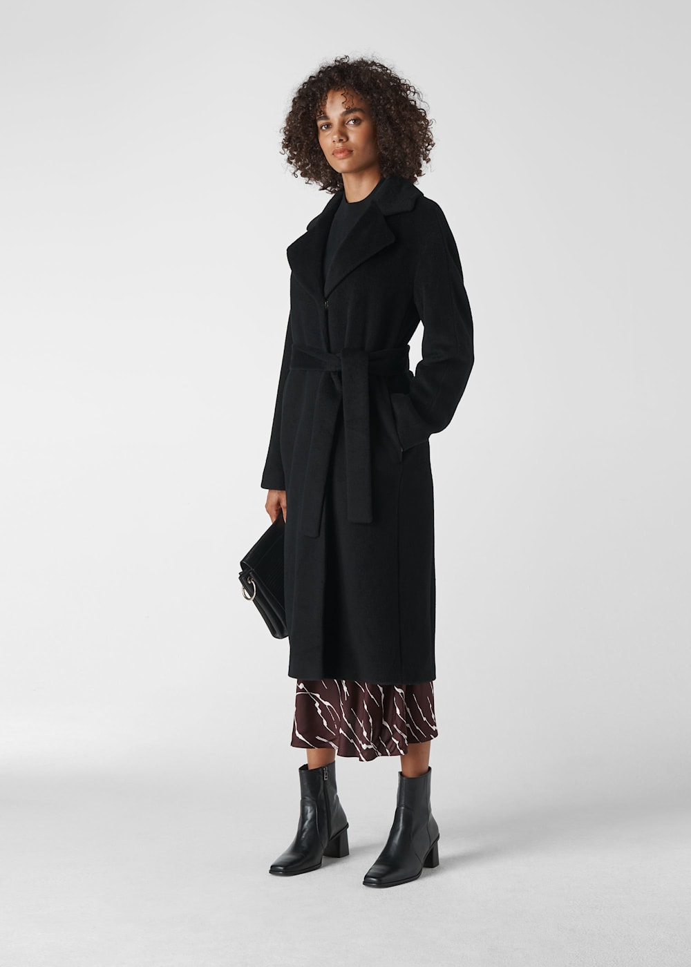 Black belted long coat hotsell
