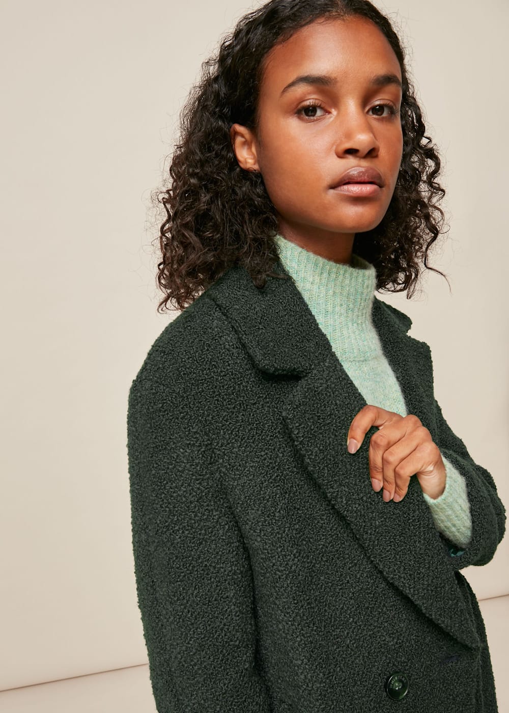 Dark Green Boucle Double Breasted Coat | WHISTLES | Whistles Dark Green Boucle Double Breasted Coat | WHISTLES | Whistles