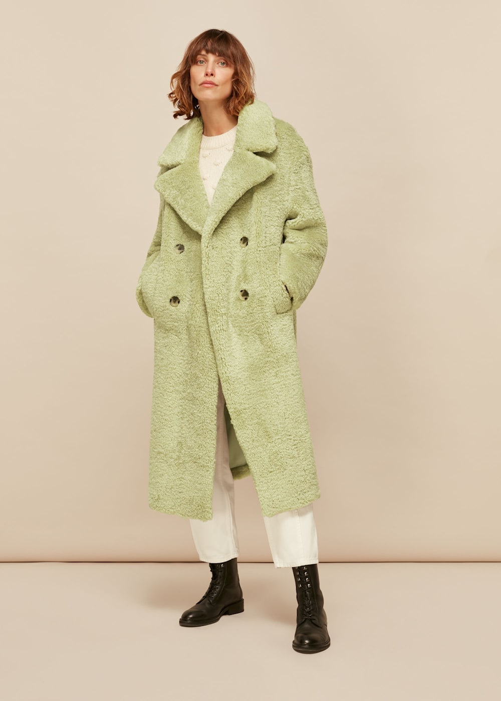 Pale Green Teddy Double Breasted Coat WHISTLES Whistles US