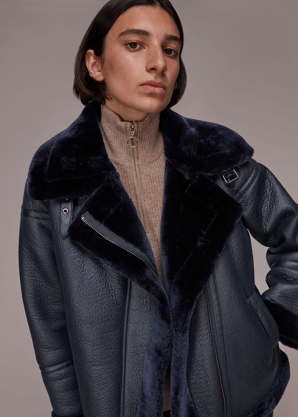 Navy Lauren Faux Fur Biker WHISTLES Whistles UK