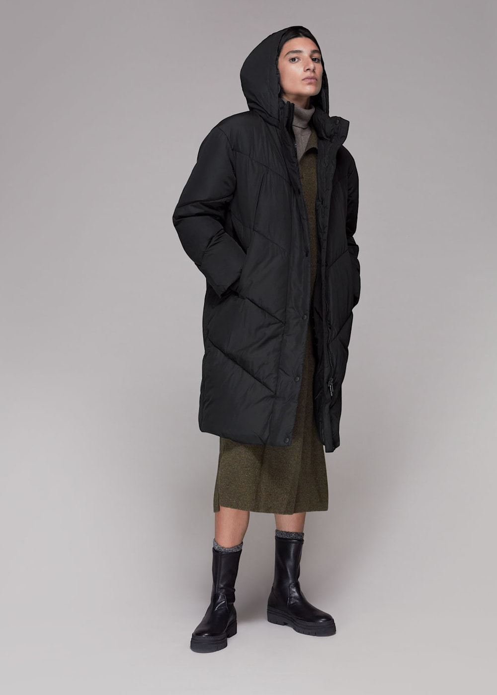 Black hooded longline puffer jacket hotsell
