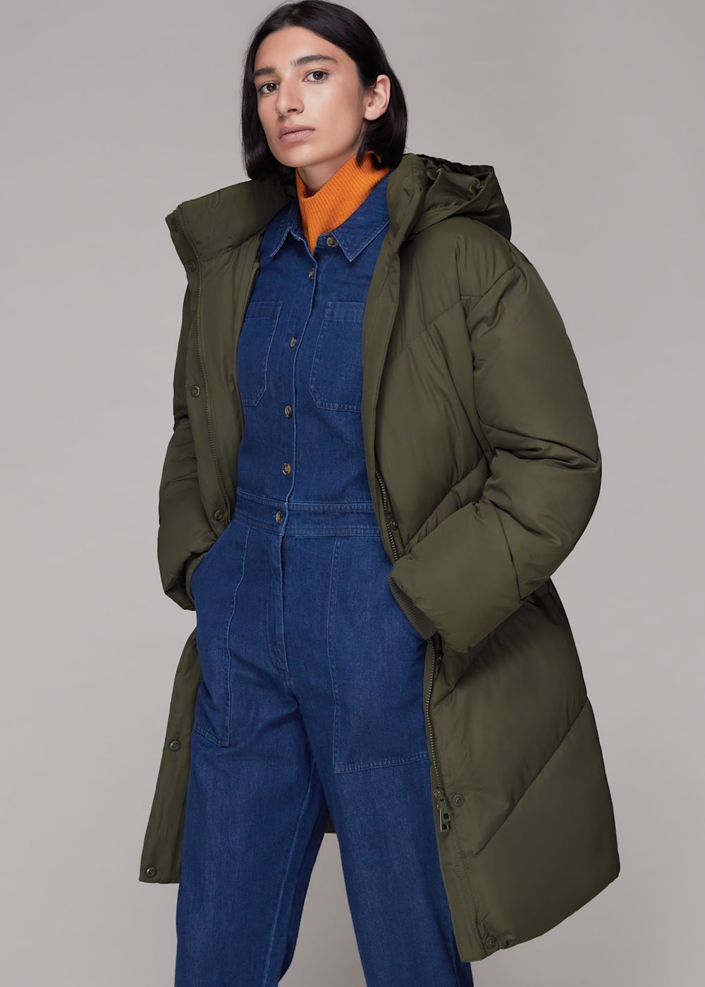 Khaki Tessa Hooded Longline Puffer WHISTLES Whistles UK