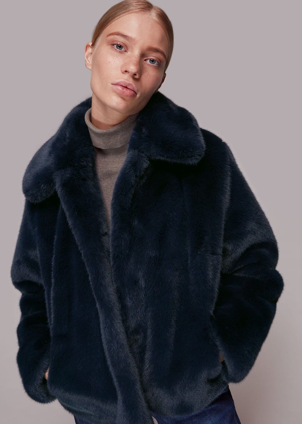 Whistles faux fur biker jacket navy clearance