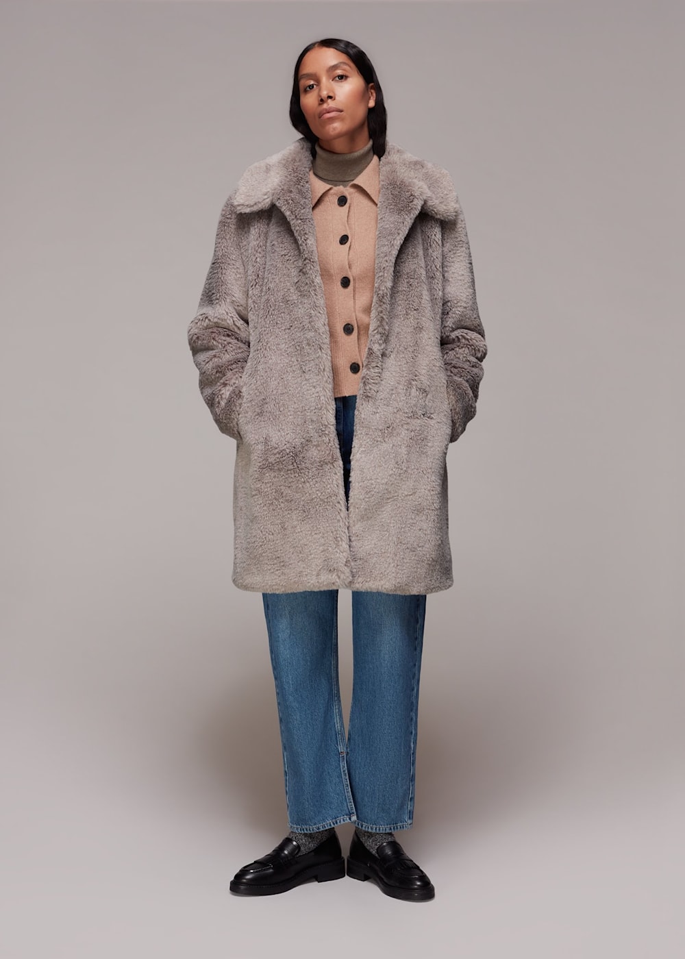 Grey Multi Imogen Faux Fur Coat WHISTLES Whistles ROW