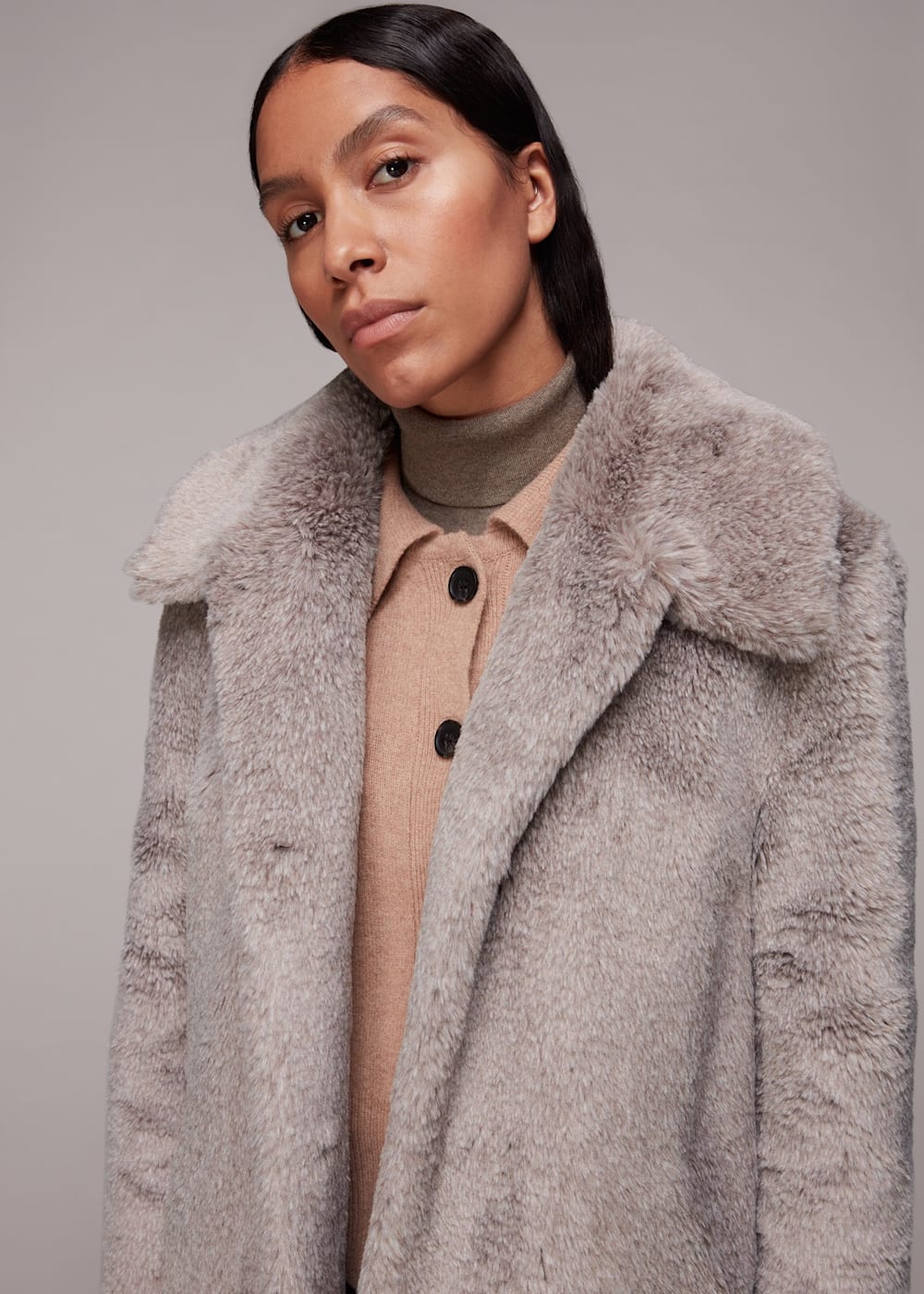 Grey swirl faux fur coat deals