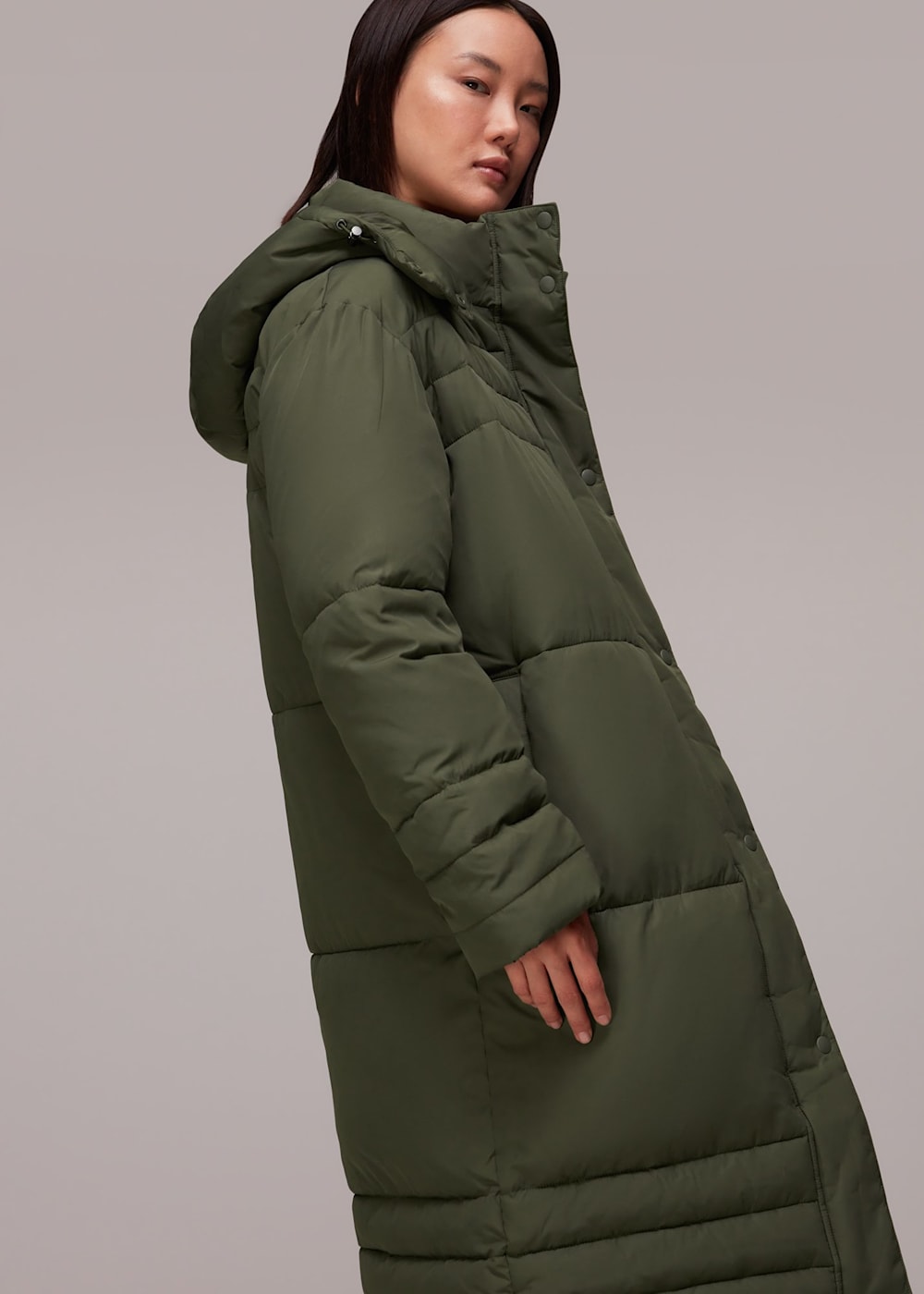Khaki Green Longline Puffer Coat with a Removable Hood Whistles Whistles US
