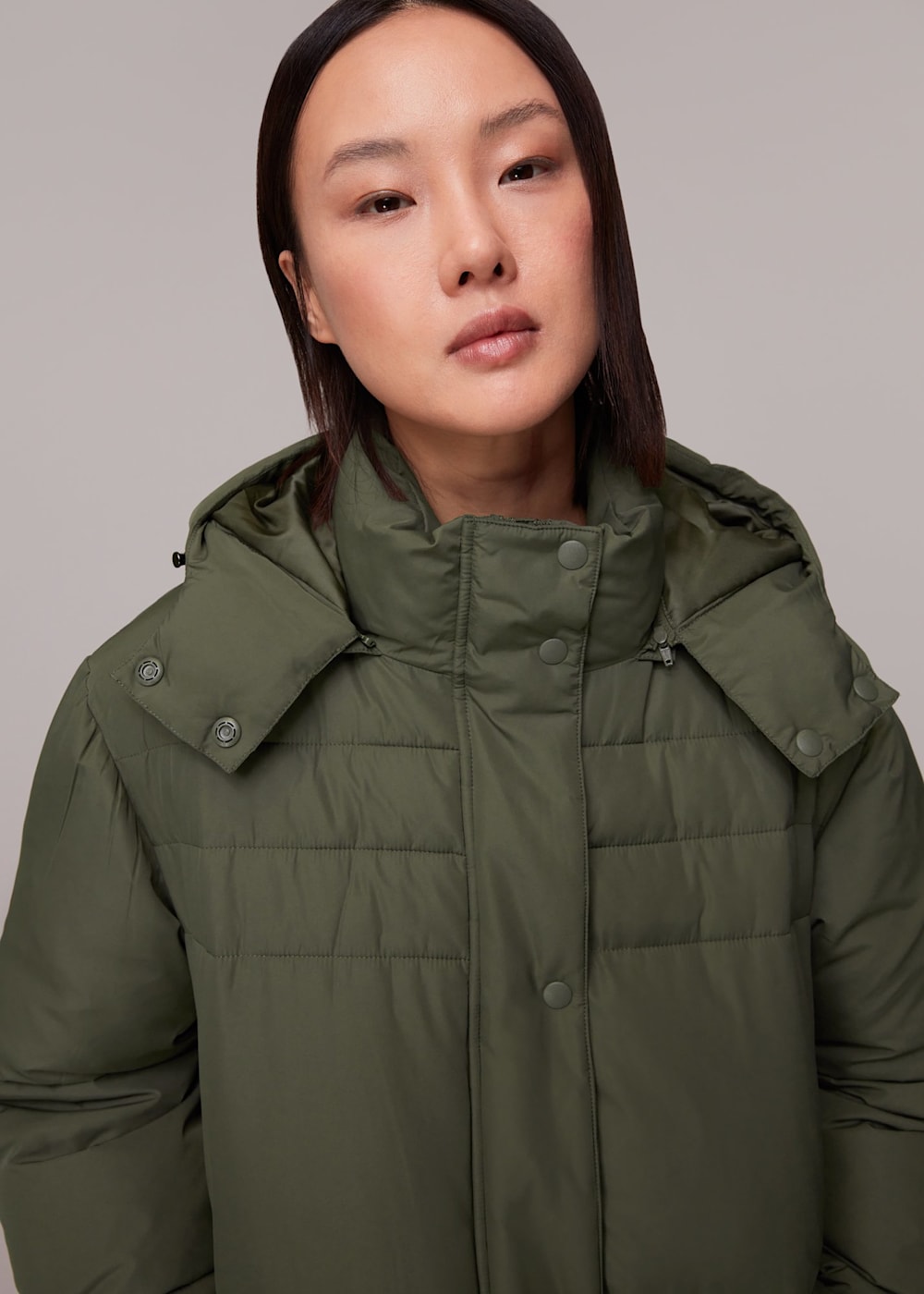 Khaki Green Longline Puffer Coat with a Removable Hood Whistles Whistles UK