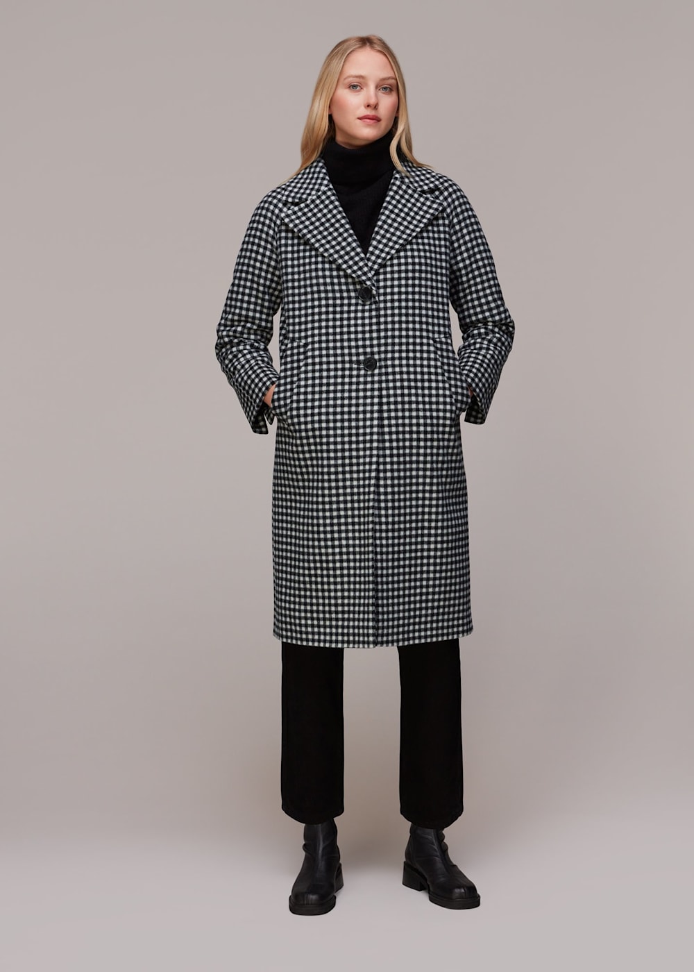 Black Multi Gingham Wool Blend Cocoon Coat WHISTLES Whistles UK