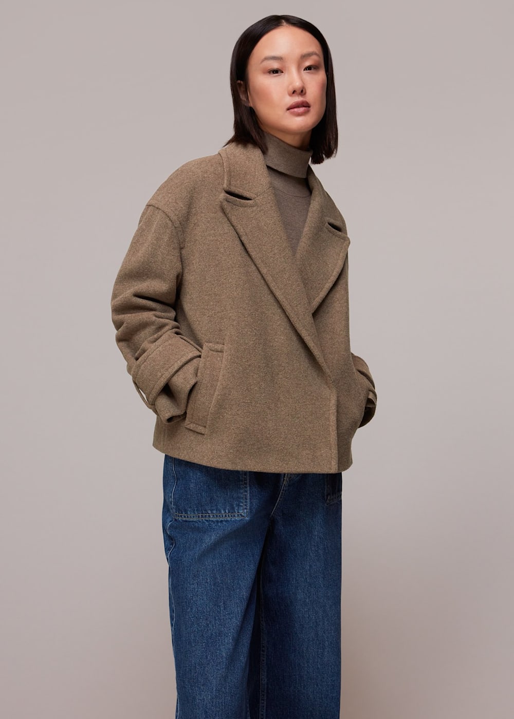 Oatmeal Relaxed Cropped Wool Coat | WHISTLES | Whistles US |