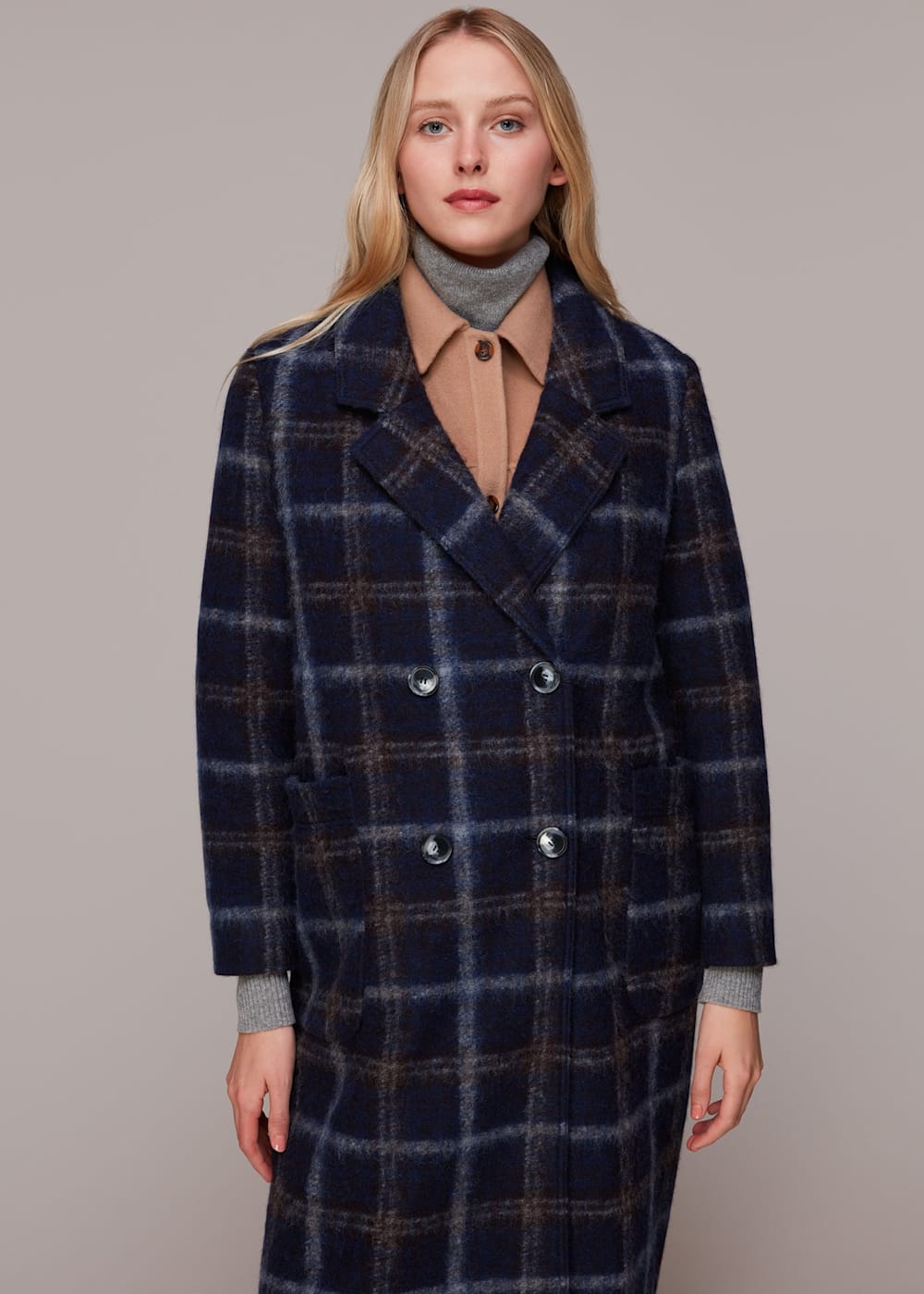 Navy blue check coat best sale