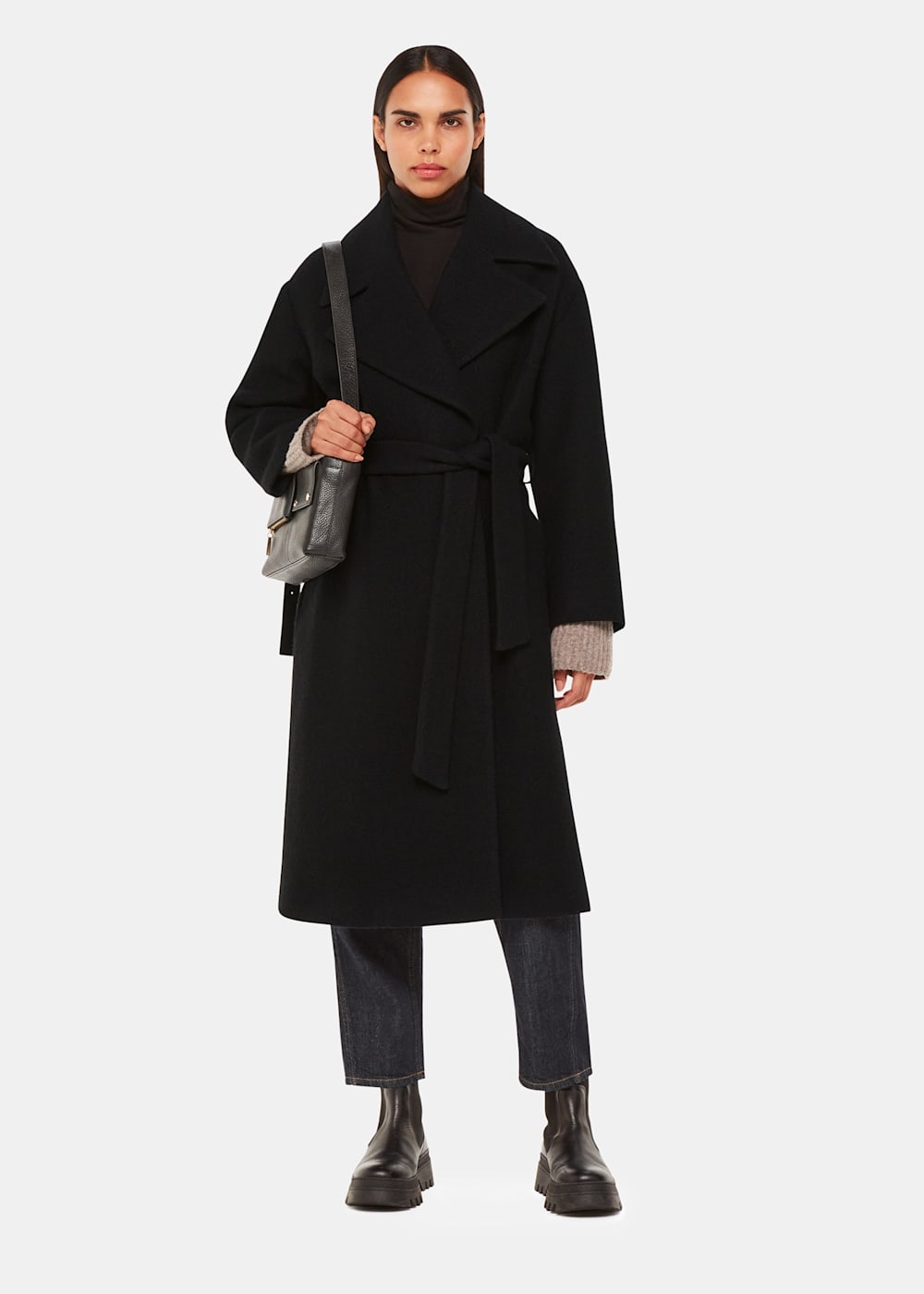 Black Wrap Wool Coat with Tie Waist Belt Whistles Whistles UK
