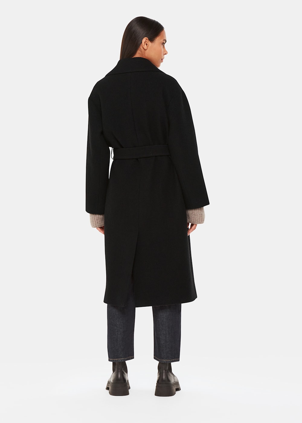 Black Wrap Wool Coat with Tie Waist Belt Whistles Whistles UK