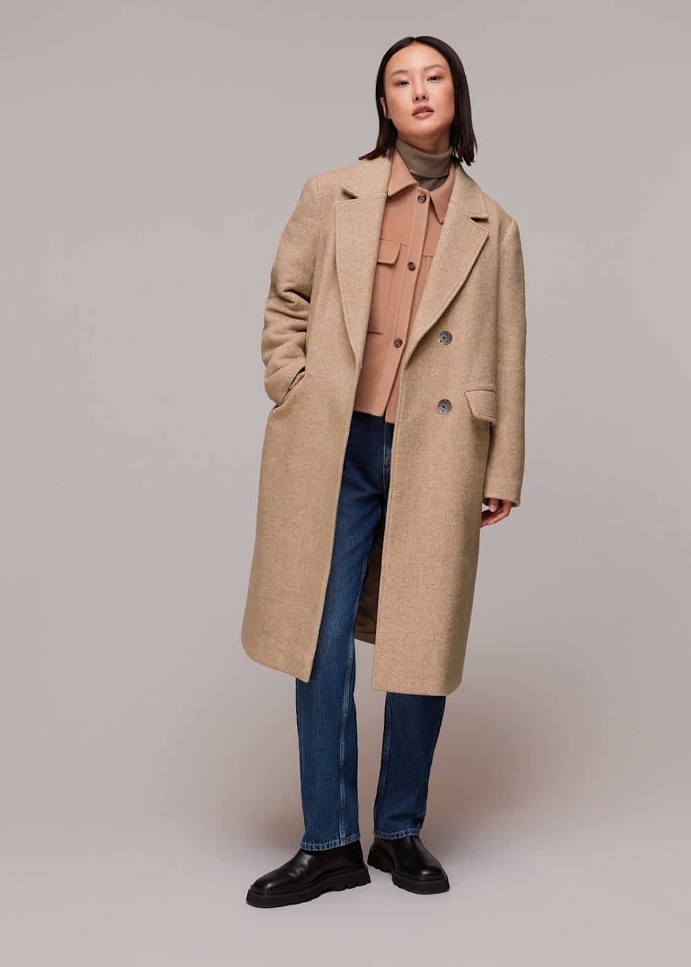 Oatmeal Herringbone Smart Wool Coat WHISTLES Whistles ROW