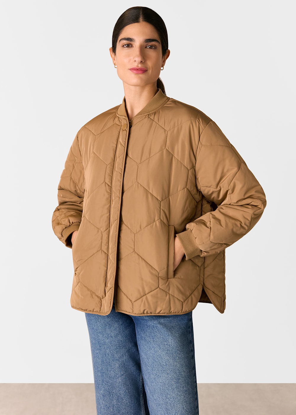 Camel quilted jacket shop