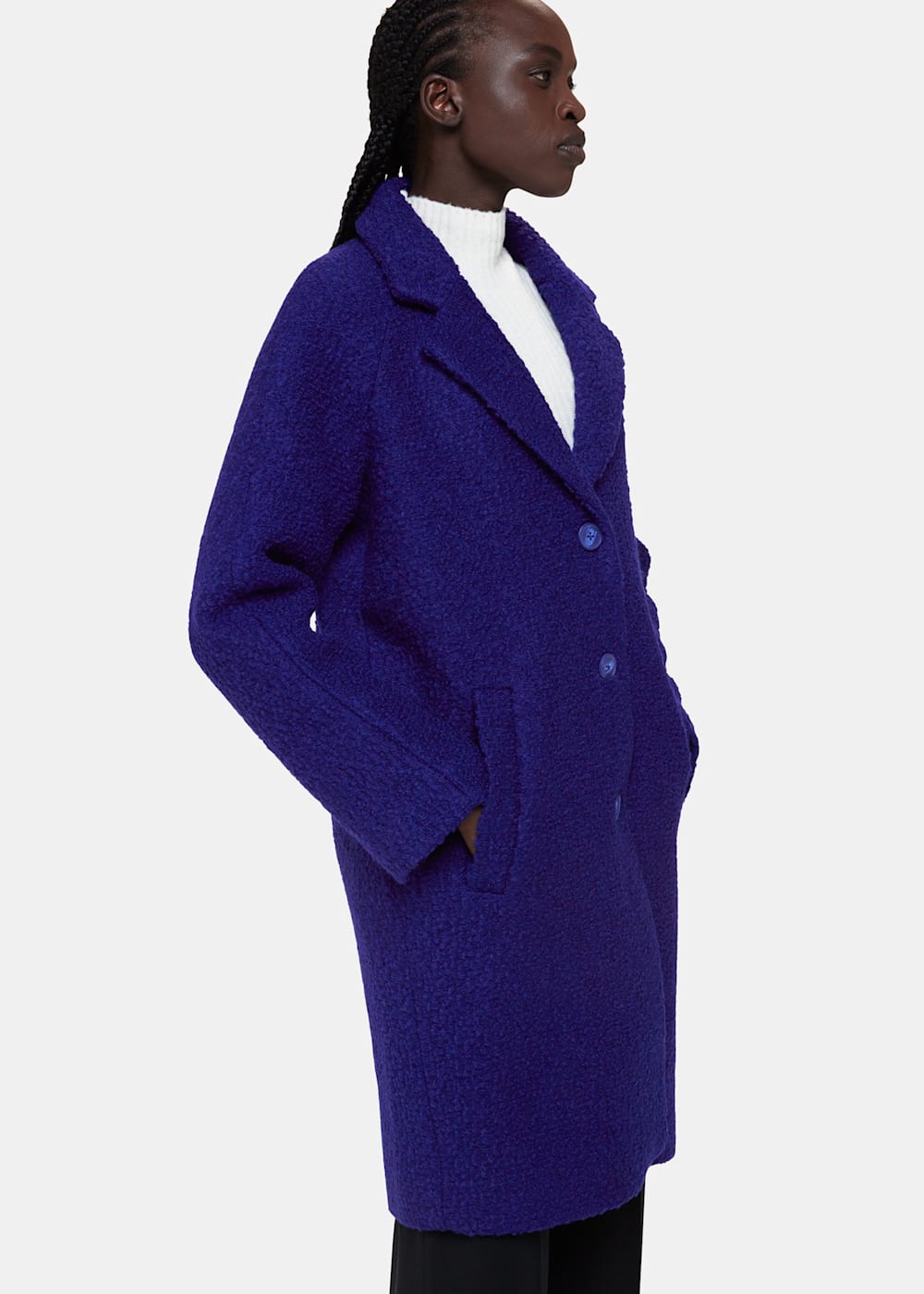 Blue Wool Boucle Coat Single Breasted Relaxed Fit Whistles Whistles UK