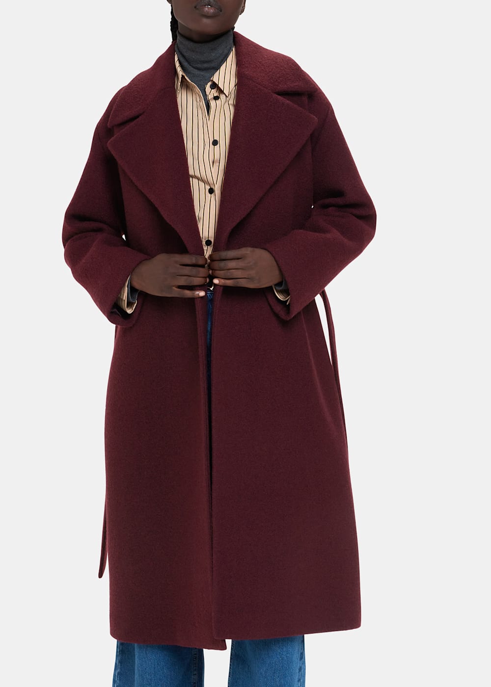 Burgundy Wool Wrap Coat Relaxed Fit Tie Waist Whistles Whistles UK