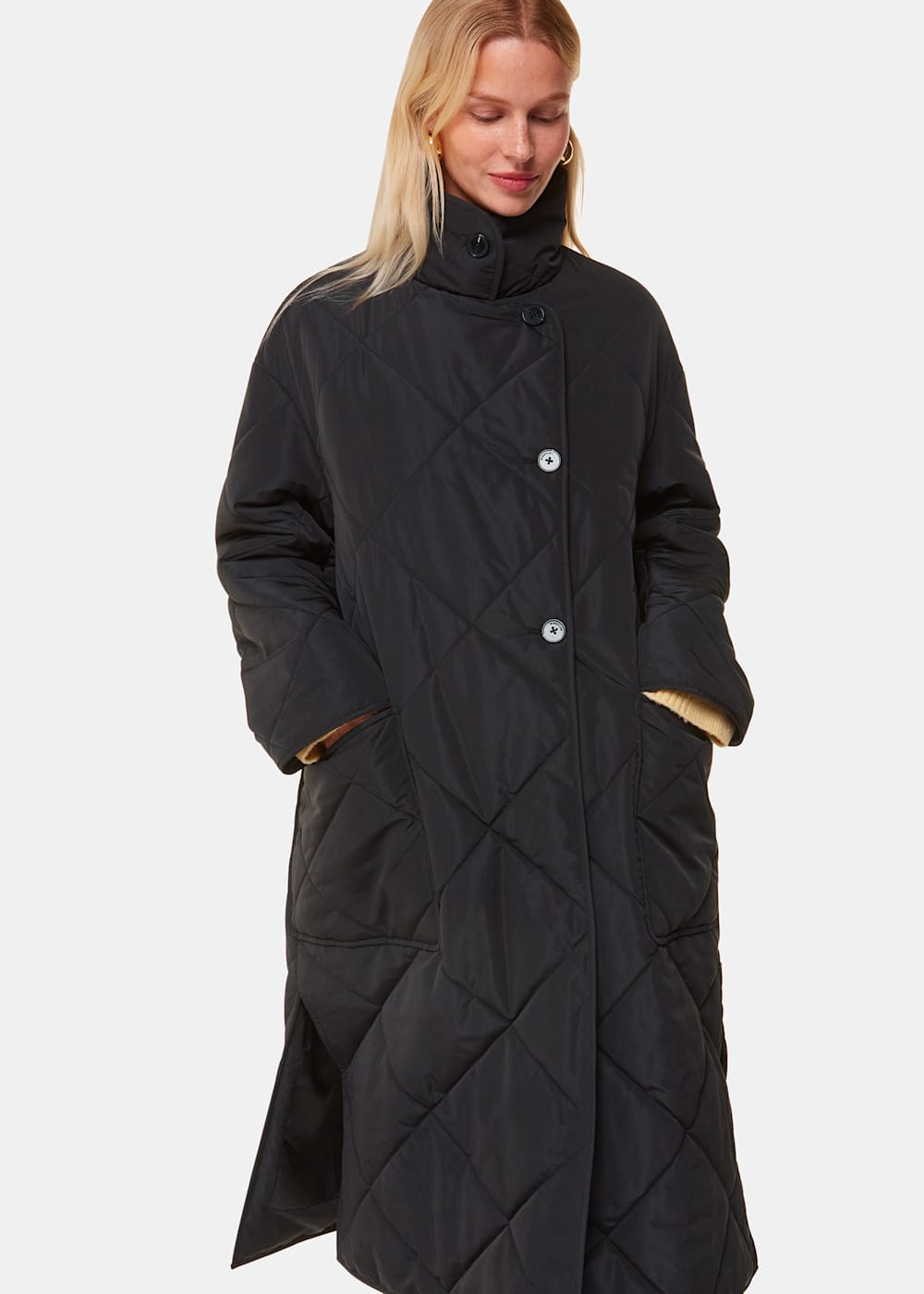 Black longline quilted coat deals