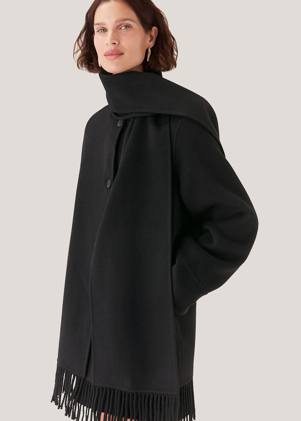 Black Double Face Wool Fringe Coat WHISTLES Whistles UK