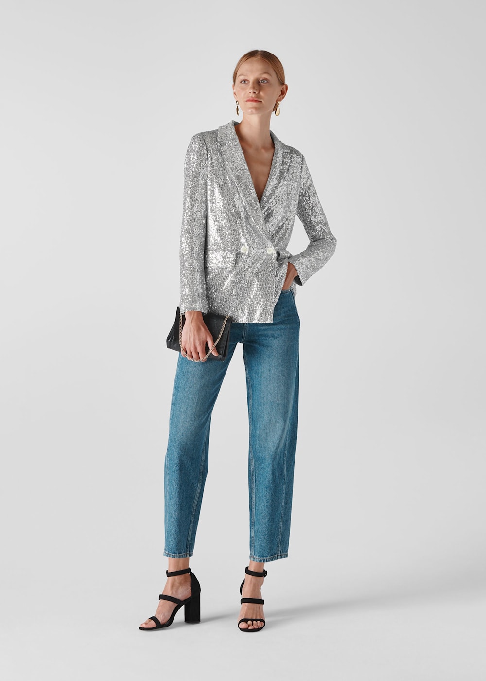 Silver Sequin Double Breasted Blazer WHISTLES Whistles US