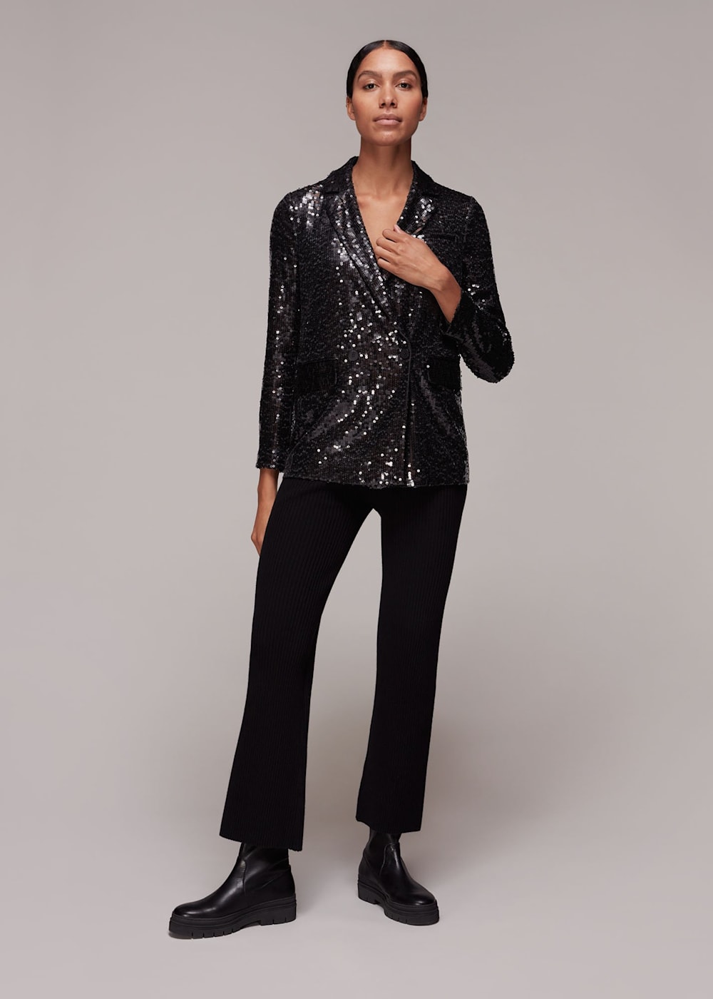 Black Sequin Double Breasted Blazer WHISTLES Whistles US