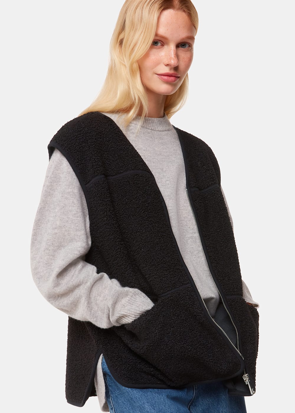 Black Fleece Zip Up Gilet with a V Neck Whistles Whistles UK