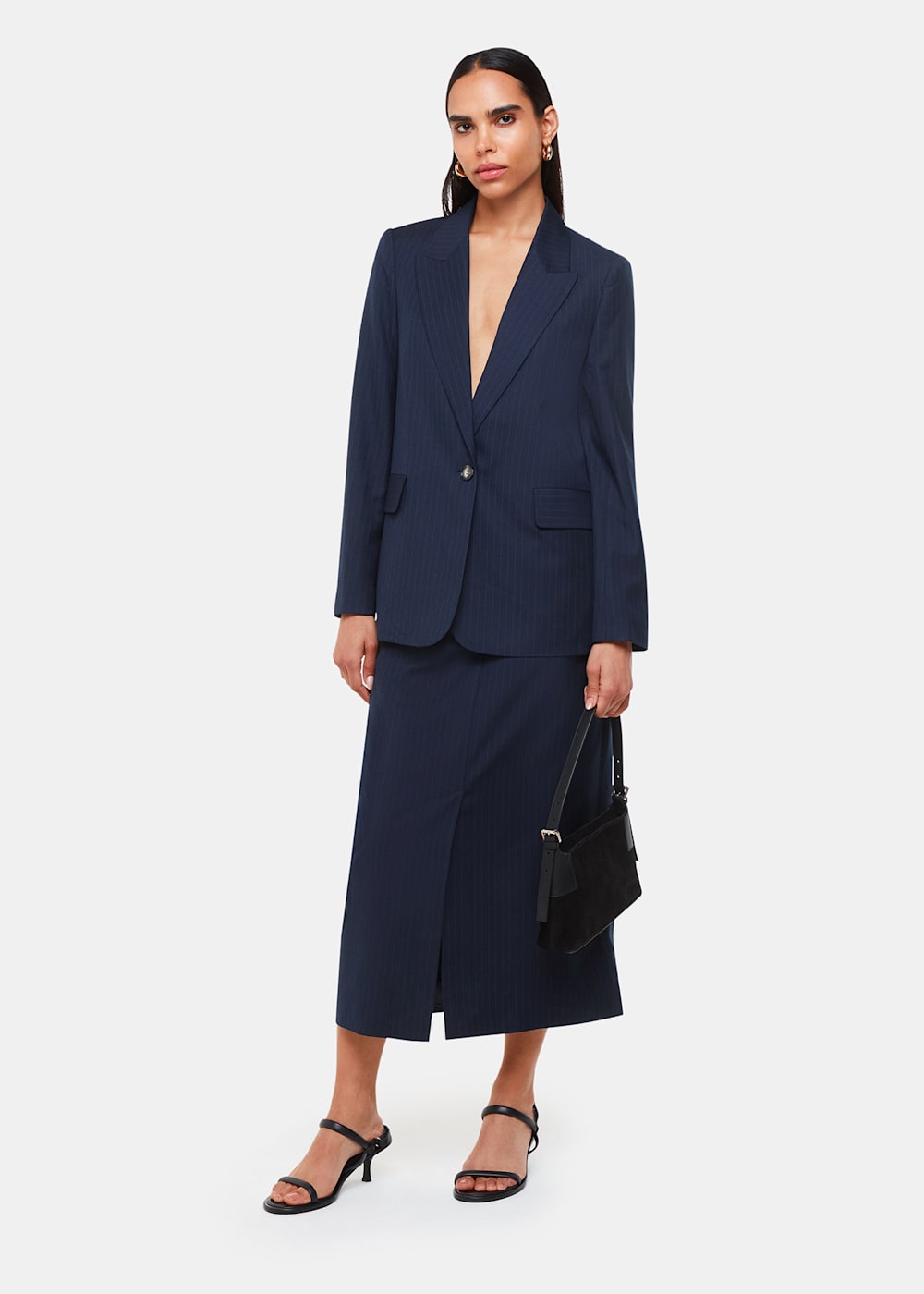Navy blue pinstripe blazer on sale