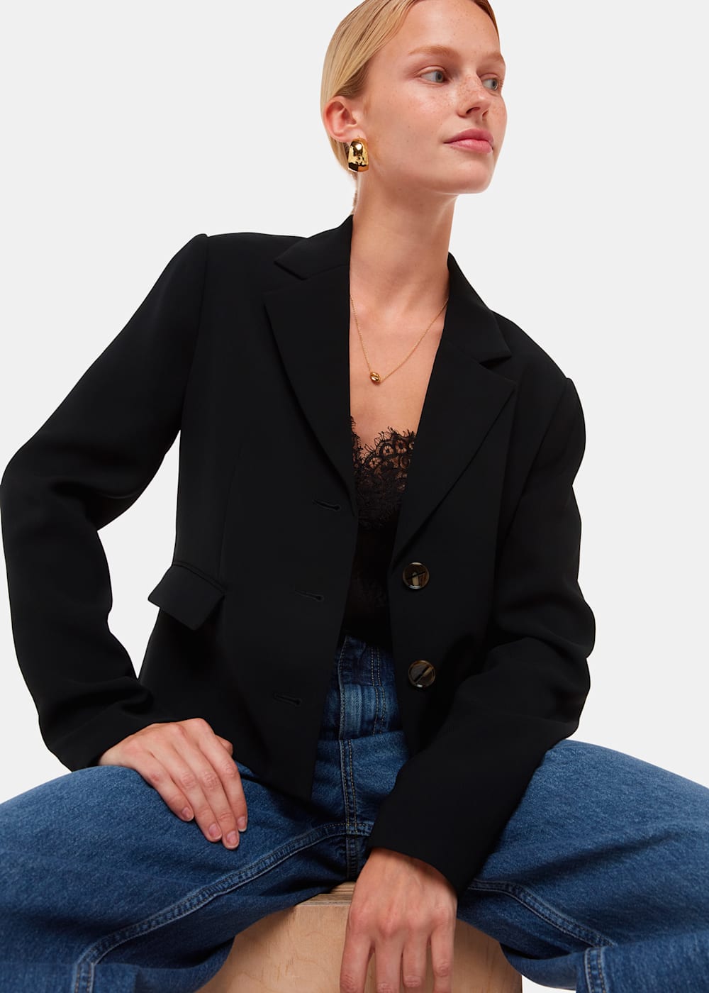 Black Tailored Short Crepe Blazer WHISTLES Whistles UK