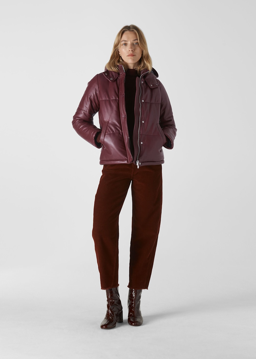 Burgundy Leather Puffer Jacket WHISTLES Whistles UK