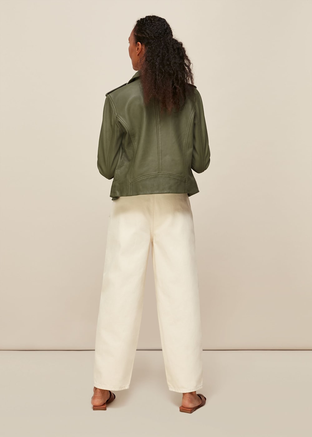 Agnes Khaki Sheepskin Leather Biker Jacket Whistles Whistles UK