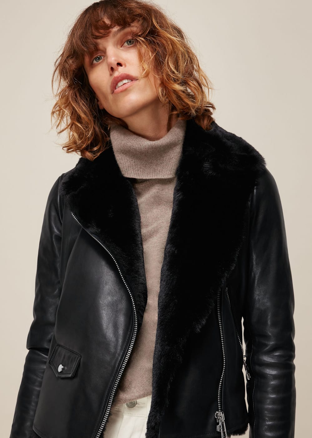 Fur lined leather biker jacket deals