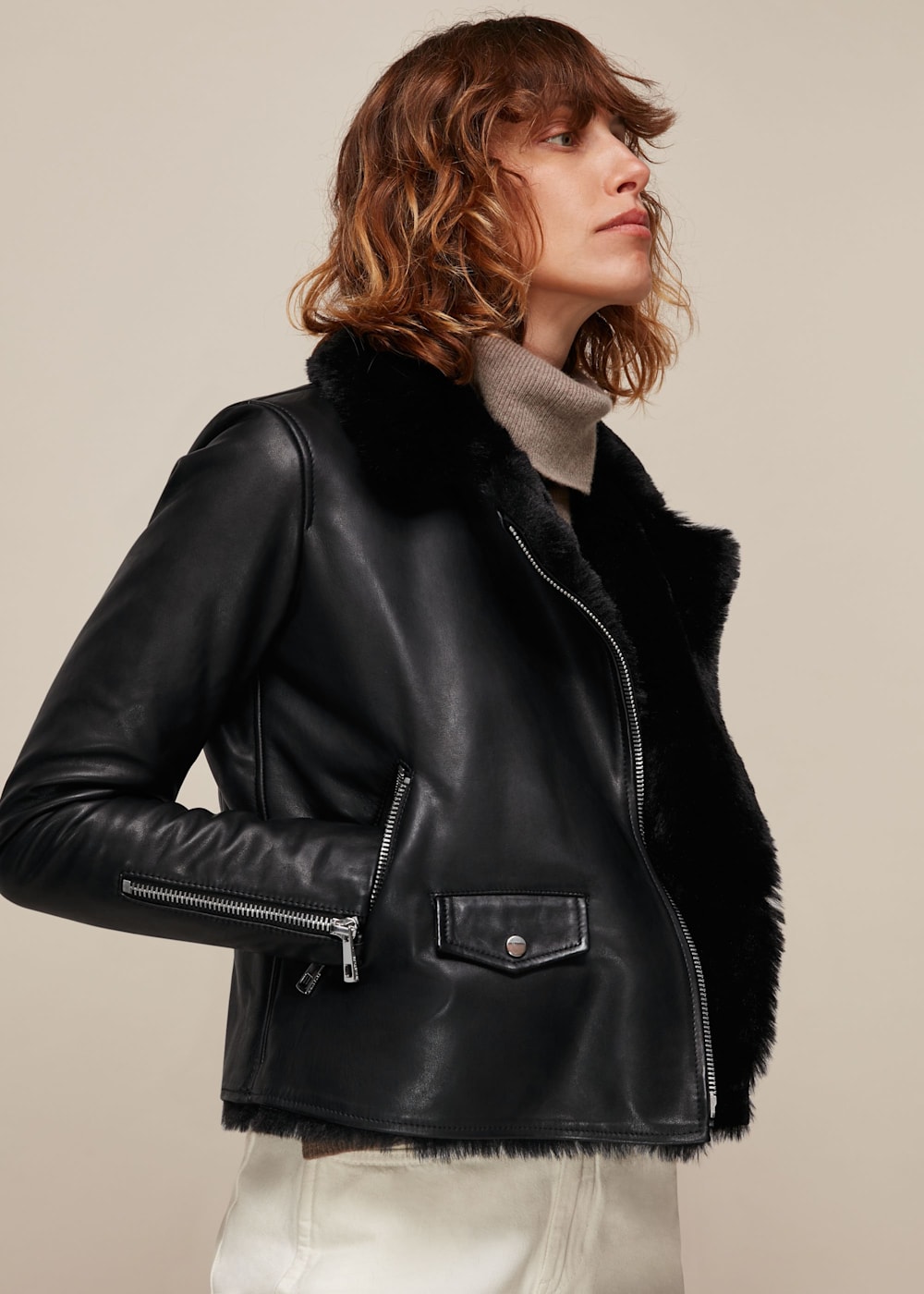 Whistles Faux Fur Lined Agnes Biker Black Size 8