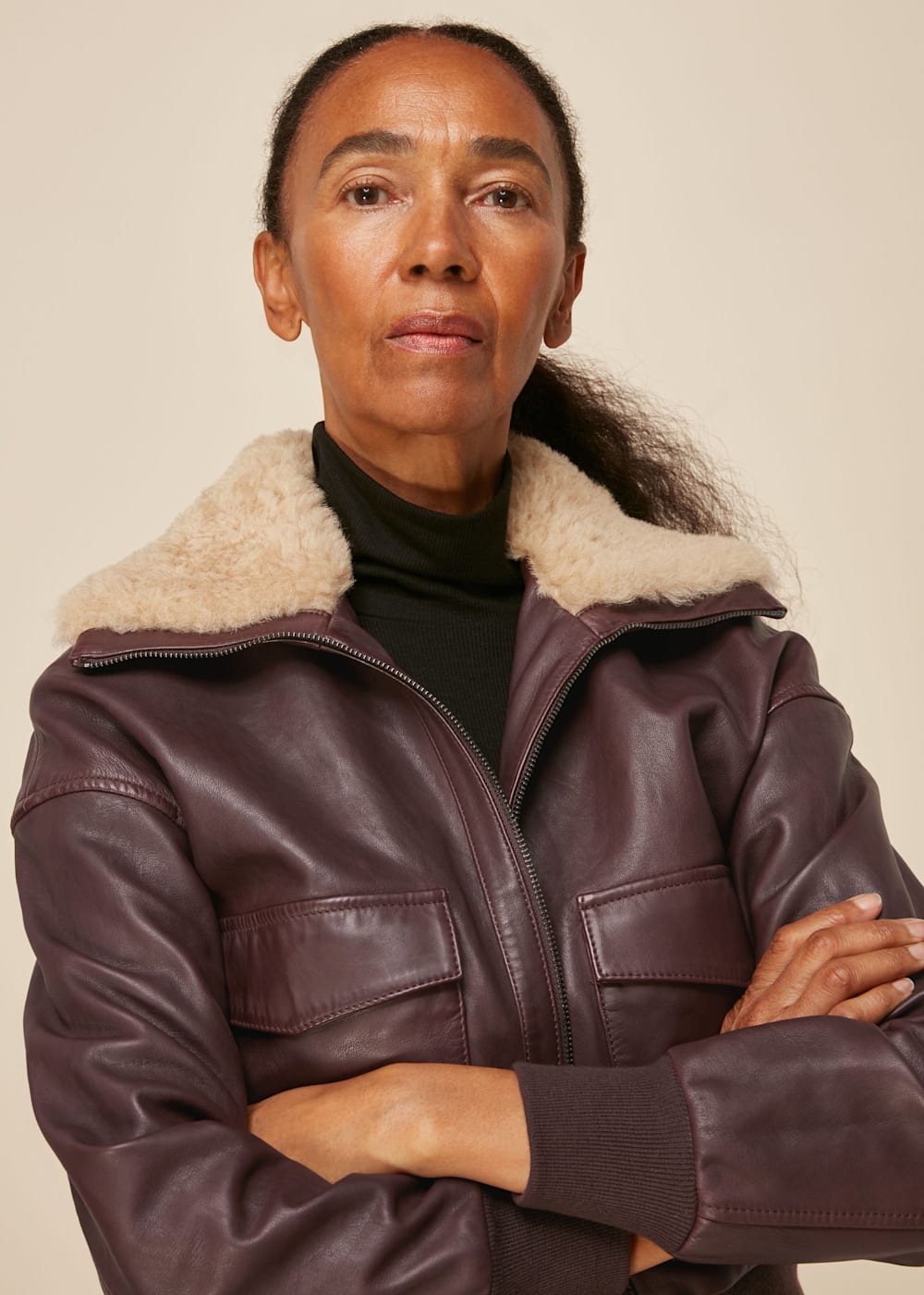 Shearling collar leather jacket discount