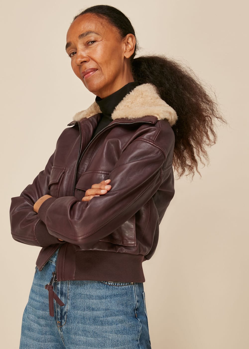 Burgundy Shearling Collar Bomber Jacket WHISTLES Whistles UK