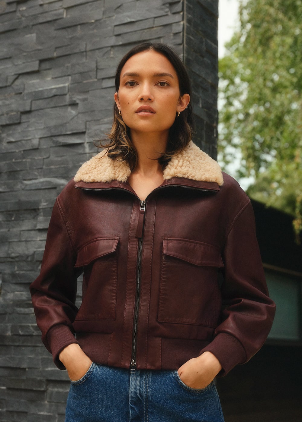 Burgundy shearling coat top