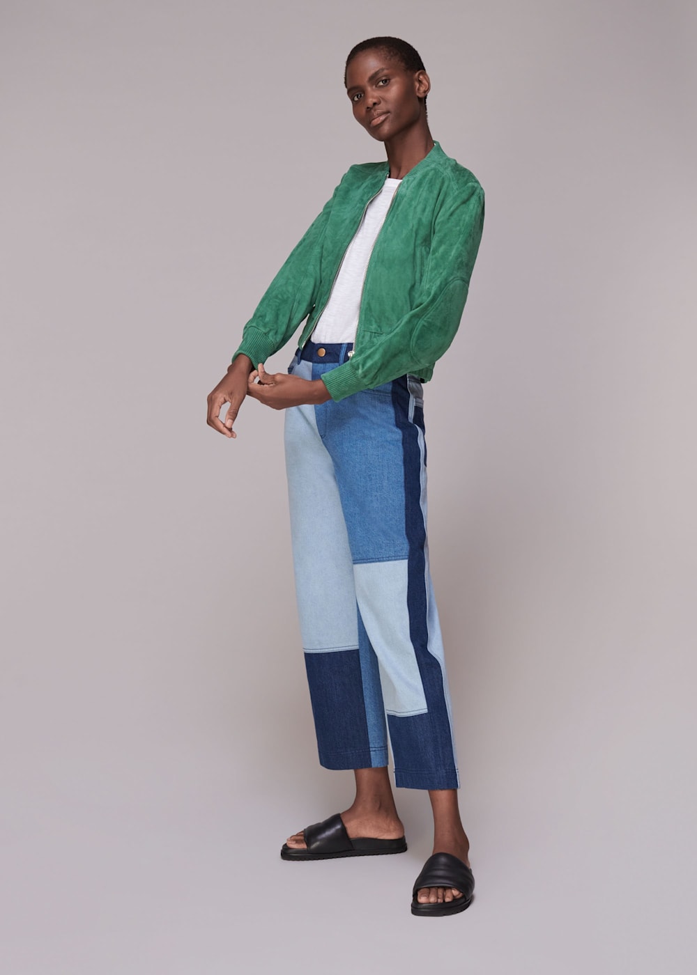 Green Cropped Suede Bomber Jacket WHISTLES Whistles UK